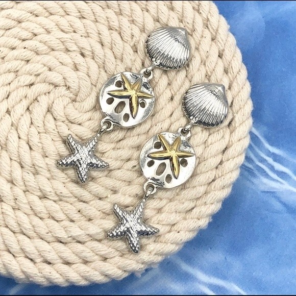 🌼 Starfish Sand Dollar Shell Earrings - Picture 1 of 2